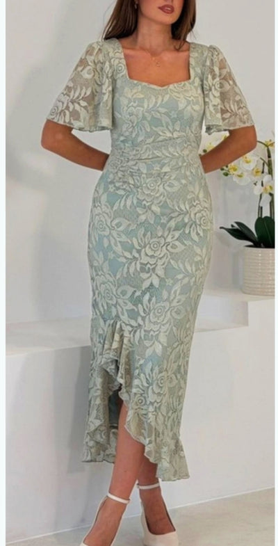 Ladies Elegant ruched detail lace midi dress - Sage green  Sephoria  Boutique Roscommon