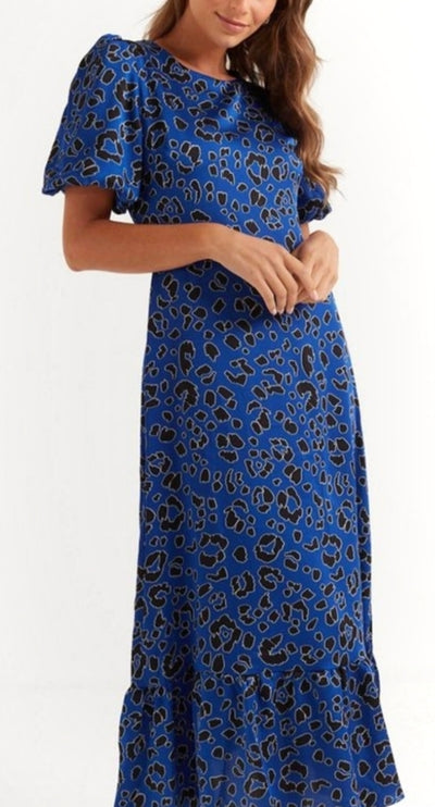 Ladies Puff sleeve Animal print midi dress -blue - Sephoria Boutique Roscommon